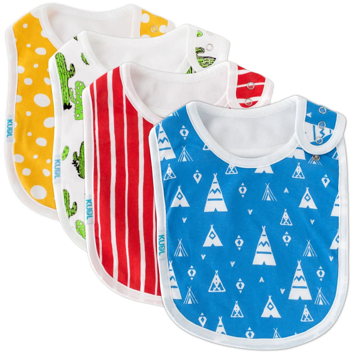 Baberos Grandes para Bebés KUDL 4-Pack en colores divertidos y variados, ideales para mantener secos a los bebés.