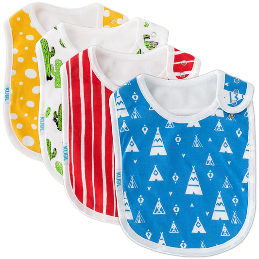 Baberos Grandes para Bebés KUDL 4-Pack en colores divertidos y variados, ideales para mantener secos a los bebés.